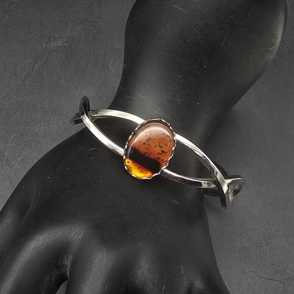 Vintage Faux Amber Clamper Bangle Bracelet Silver Tone